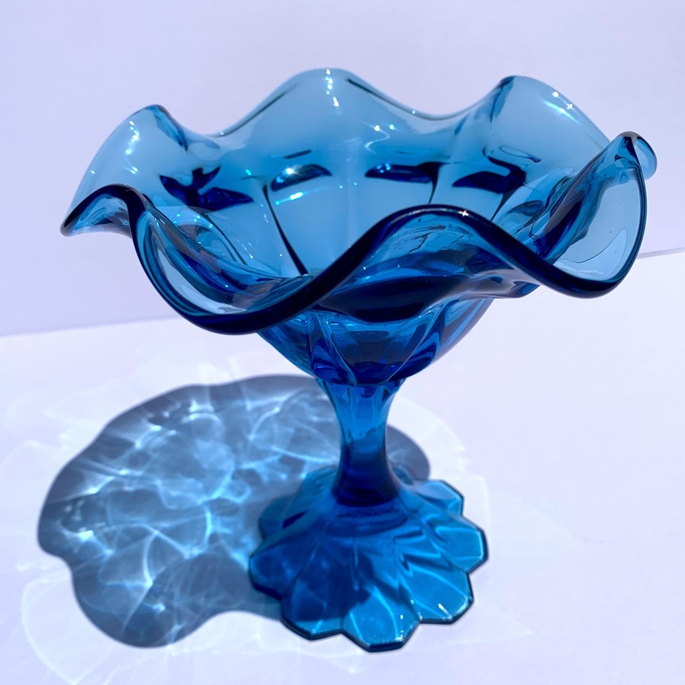 Vintage Fenton Glass Colonial Blue Pedestal Compote Candy Trinket Dish Glass